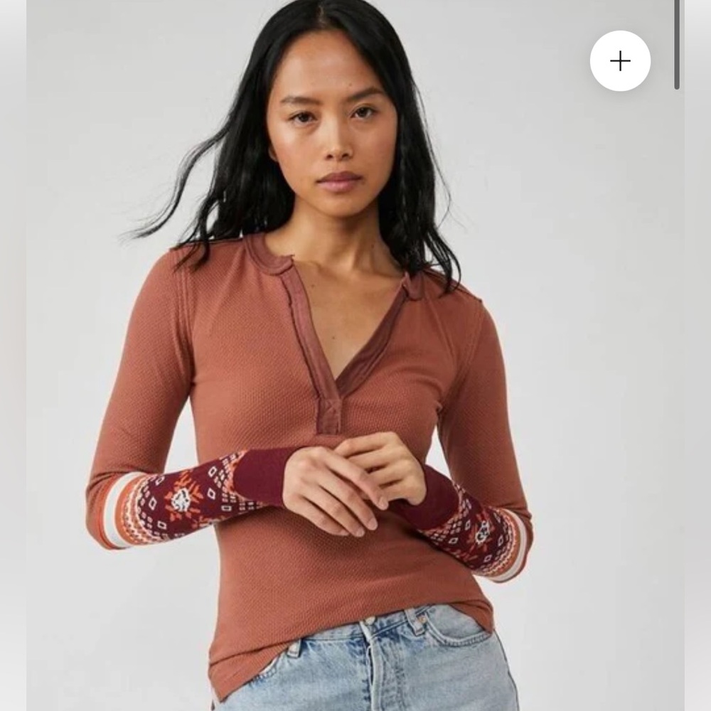 Free People Mikah Notch Neck Top Thermal Fair Isle Sleeves Autumn Brown NWT - Picture 2 of 12